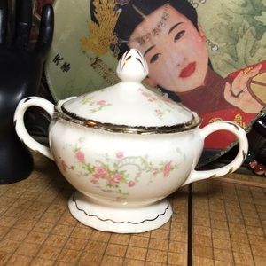 Pope Gosser Sugar Bowl w Lid Pink Roses Gold Trim EAC 6.5”Lx4 7/8”Dx4 5/8”H